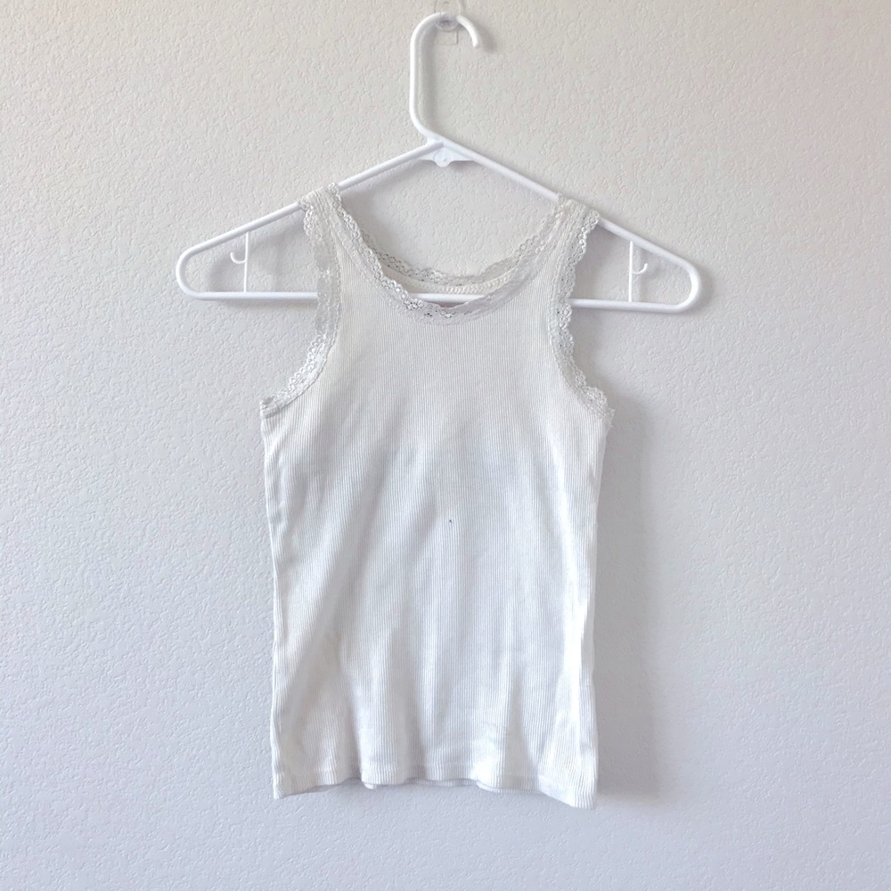 White Ribbed Tank Top With Silky Lace Detail